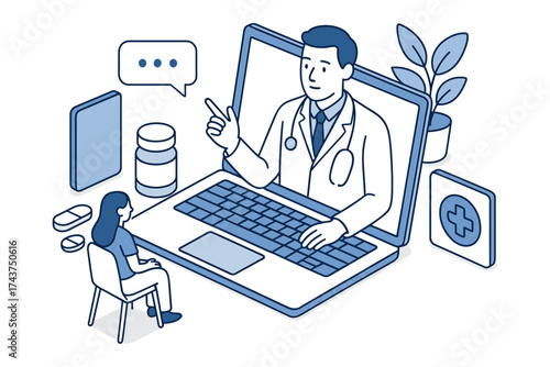 Telemedicine consultation concept with doctor on laptop in isometric style