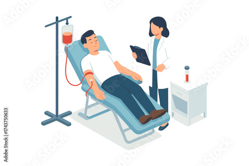 Isometric medical scene: patient undergoing blood transfusion with nurse