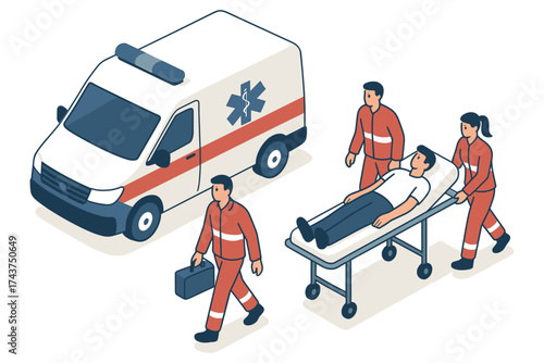 Isometric emergency medical scene with ambulance and paramedics