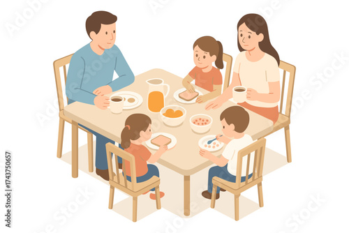 Family meal gathering in isometric style: parents and children sharing breakfast