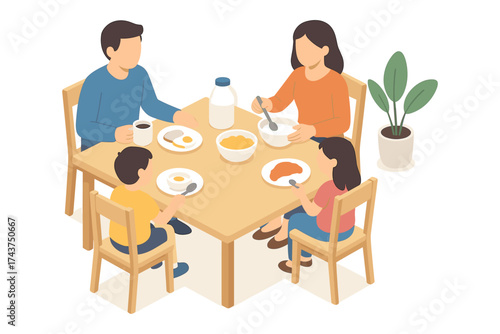 Family breakfast scene with parents and children eating at table in cozy home setting