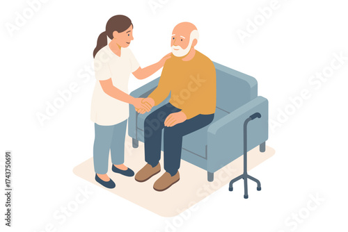 Elderly caregiver comforting senior man in modern isometric style on a sofa