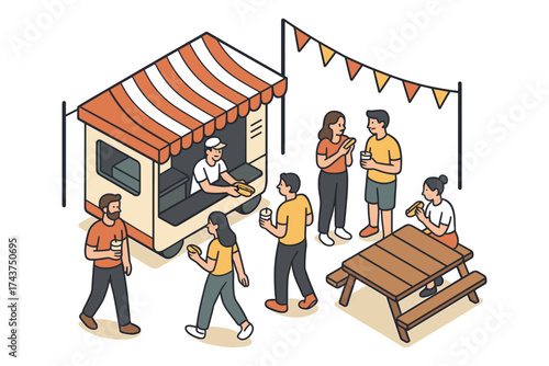 Outdoor cafe gathering with friends in isometric design