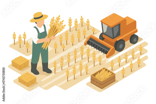 Isometric farming scene with harvester and farmer collecting wheat in field
