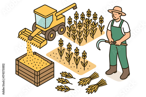 Isometric farming scene with harvester, wheat, and farmer in overalls