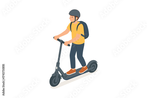 Isometric urban commuter riding an electric scooter with backpack