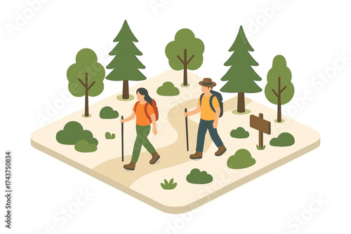 Isometric hiking adventure with travelers exploring forest trail
