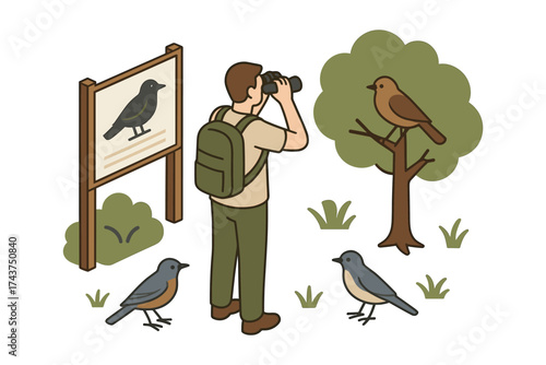 Birdwatcher observes birds in nature with binoculars in isometric design