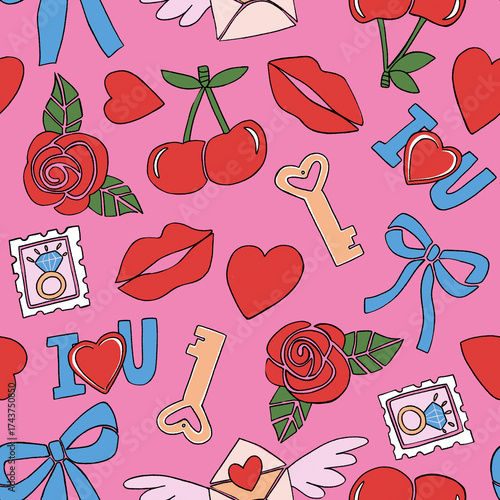 Seamless Valentine pattern with hearts, roses, cherries, love letters, and blue bows. Playful romantic design ideal for wrapping paper, stationery, packaging, textiles, scrapbooking and gifts.