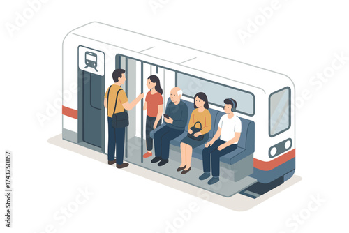 Isometric city subway with commuters engaged in digital devices and conversation