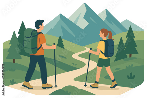 Hikers exploring mountain trail in flat design