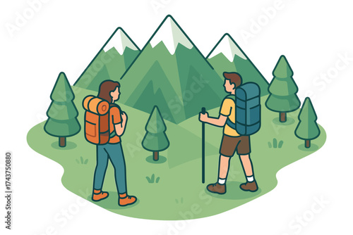 Couple hiking in scenic mountain landscape with backpacks and trekking poles