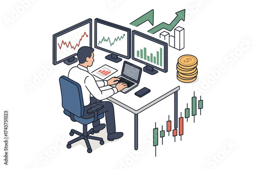 Isometric office setup for financial analysis with growth charts and graphs