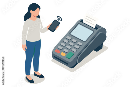 Woman making contactless payment with smartphone near card reader in isometric style