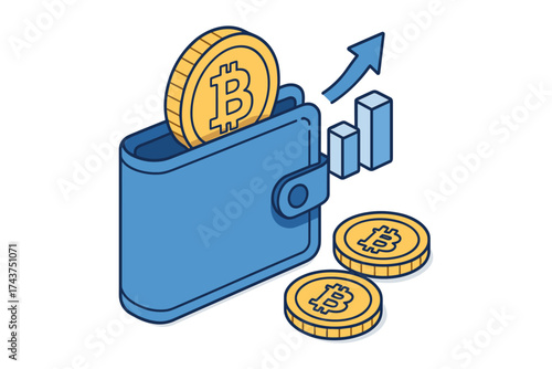 Cryptocurrency wallet with bitcoin coin and growth chart in isometric style