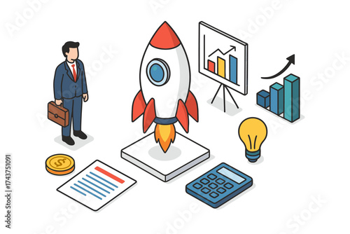 Business growth and innovation with rocket and graphs in isometric style