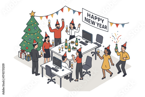 Festive office new year celebration with colleagues and decorations