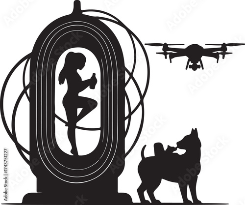 Silhouette of a woman in a futuristic portal with a drone flying above and a dog looking up in a conceptual science fiction scene