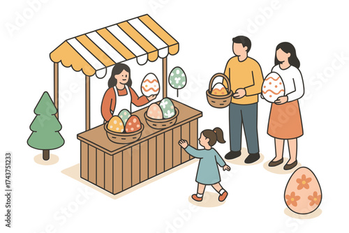 Cheerful family shopping for easter eggs in isometric market scene