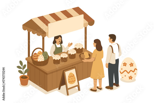 Rustic easter market scene with people buying traditional baked goods