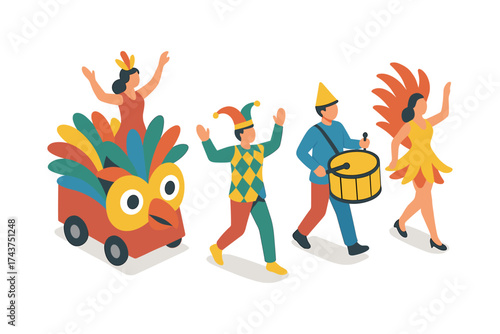 Vibrant carnival parade with colorful costumes and festive drumming in isometric style