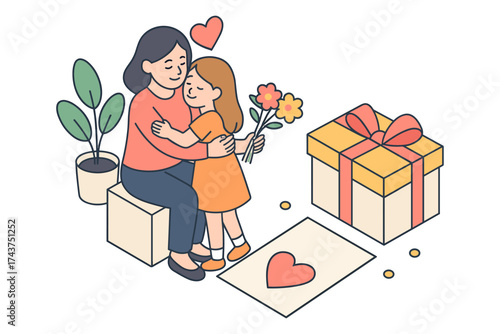 Mother and daughter hugging in heartwarming flat design with flowers and gift box