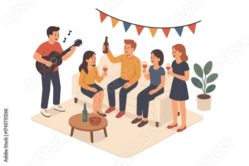Friends celebrating with music and drinks at a casual home gathering