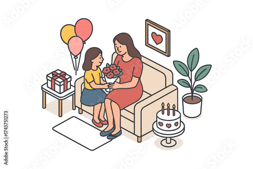 Mother and daughter celebrating birthday at home with gifts and decorations