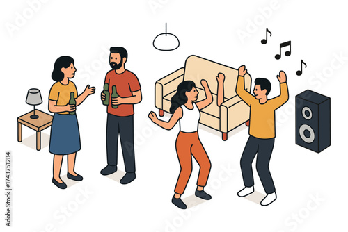 Energetic home party scene with dancing friends and music