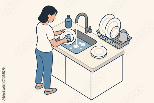 Woman washing dishes at sink in modern kitchen with clean plate rack