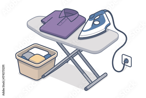 Household chores concept with ironing board and folded laundry in isometric style