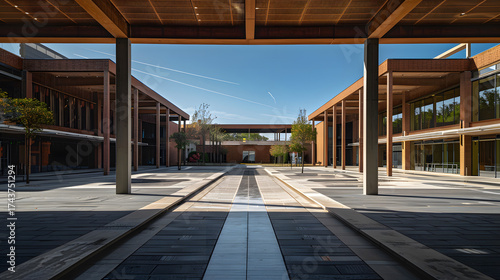 A large, empty courtyard with a few trees and a few windows