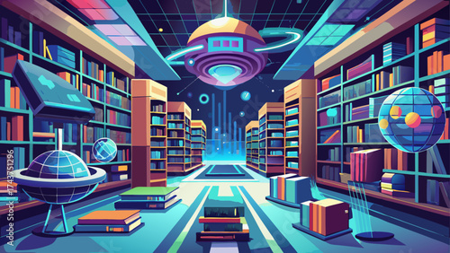Library of tomorrow with glowing shelves, floating books, and AI-guided reading pods, vector illustration merging wisdom, innovation, and artistic imagination of the digital era.