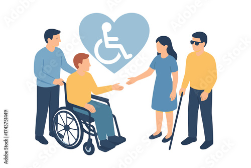 Inclusive community interaction with disabilities awareness icon in flat style