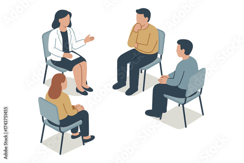 Group therapy session in isometric style depicting people in discussion