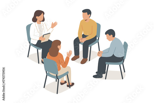 Isometric group therapy session with diverse people in a circle setting