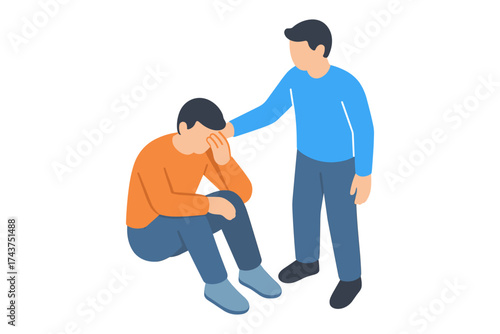 Isometric illustration of supportive friendship with comforting gesture on white background