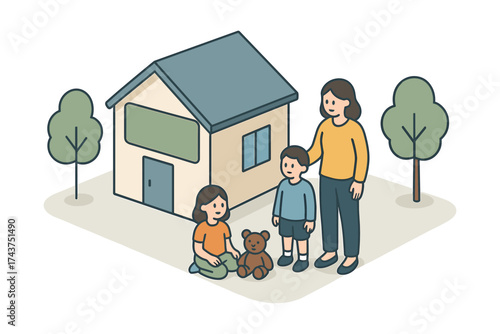 Family enjoying outdoor time near home with children and toy bear in flat design