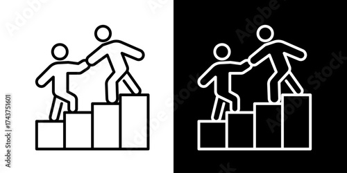 Minimalist line icon of two people helping each other climb stairs symbolizing teamwork mentorship support and leadership cooperation in black and white outline style