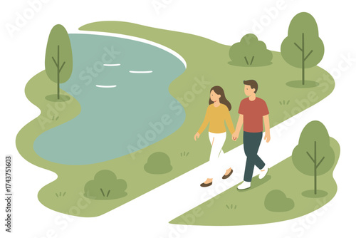 Couple walking in park by lake on peaceful day, flat design