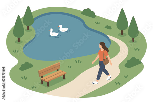 Woman walking by tranquil pond with ducks in peaceful park scene