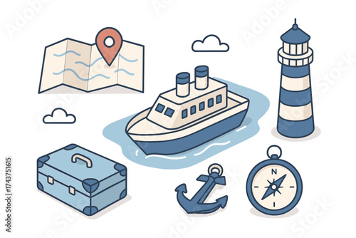 Nautical adventure icons featuring ship, map, lighthouse, and more in pastel tones