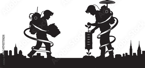 Futuristic silhouettes of two people in a cityscape with backpacks and tubes symbolizing technology and connection