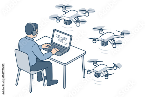 Man controlling drones with laptop in modern technology concept