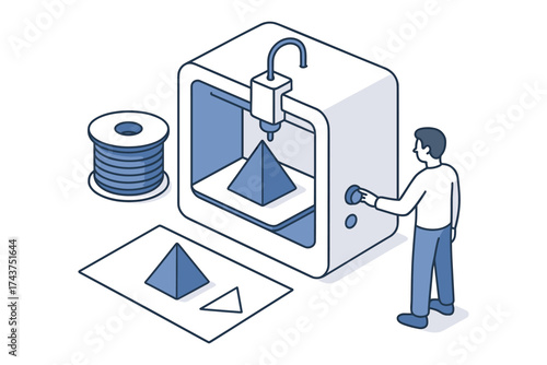 Man operating 3d printer for creating geometric shapes in isometric design