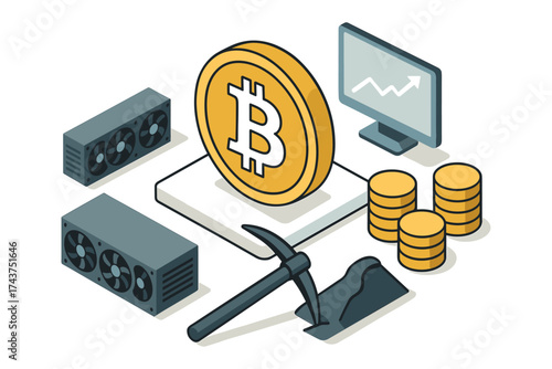 Isometric bitcoin mining setup with hardware and chart display