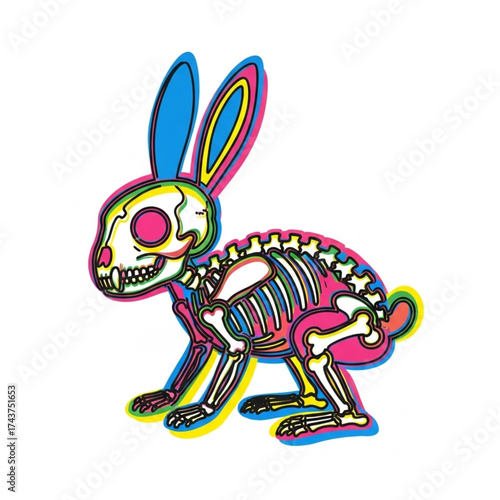 Rabbit Skeleton with Colorful Cute Riso Print Effect Vector Illustration