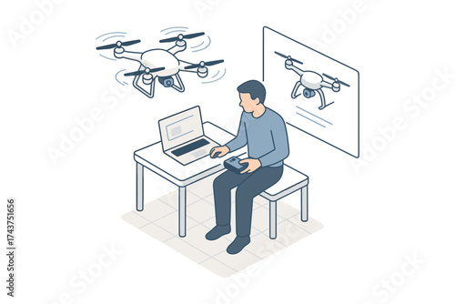 Man operating drone with remote control in isometric room setting