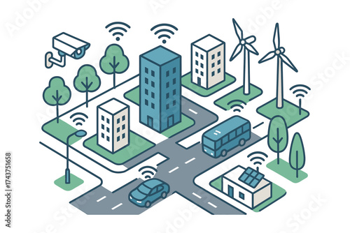 Smart city concept with renewable energy and iot technology in isometric design