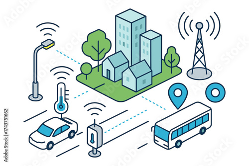 Smart city isometric design with iot elements and transportation icons